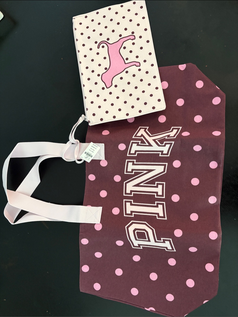 PINK Victoria's Secret Burgundy Tote with Pink Polka Dots and Matching Pouch